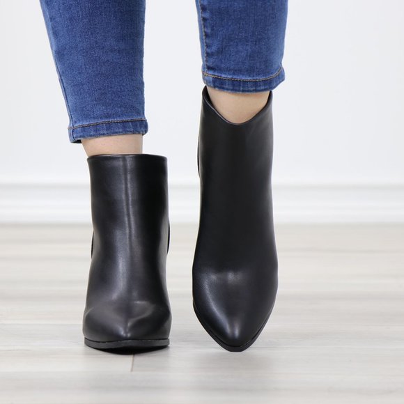 Block Low Heel Above Ankle Boots Pointed Toes Black Synthetic Leather - Picture 9 of 12